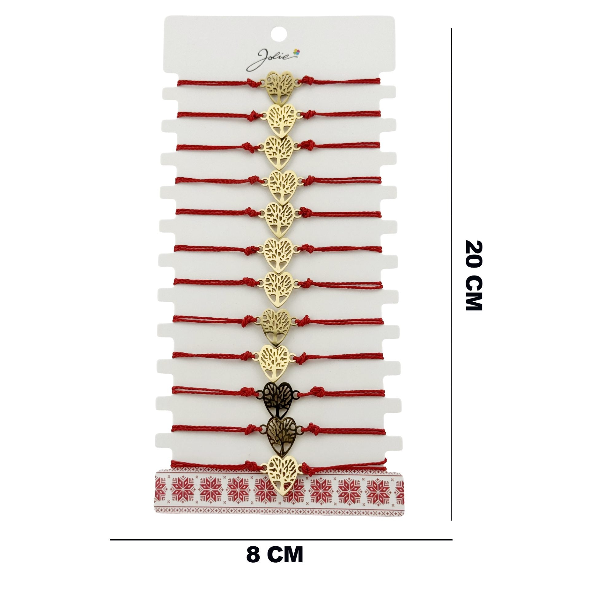 Bratara Martisor pentru Dama, Jolie, Model Copac in Inima, Set 12 bucati, Pandativ din Inox Auriu, Snur Ajustabil Impletit, Rosu