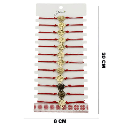 Bratara Martisor pentru Dama, Jolie, Model Copac in Inima, Set 12 bucati, Pandativ din Inox Auriu, Snur Ajustabil Impletit, Rosu