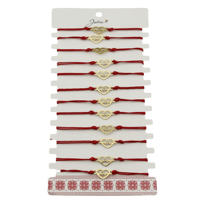 Bratara Martisor pentru Dama, Jolie, Model Inima, Set 12 bucati, Pandativ din Inox Auriu, Snur Ajustabil Impletit, Rosu