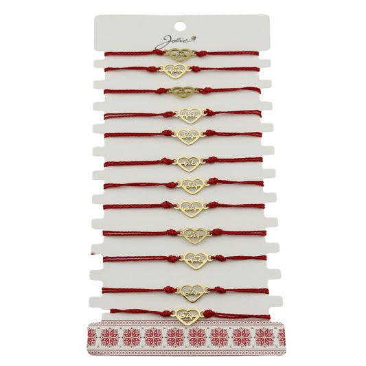 Bratara Martisor pentru Dama, Jolie, Model Inima, Set 12 bucati, Pandativ din Inox Auriu, Snur Ajustabil Impletit, Rosu