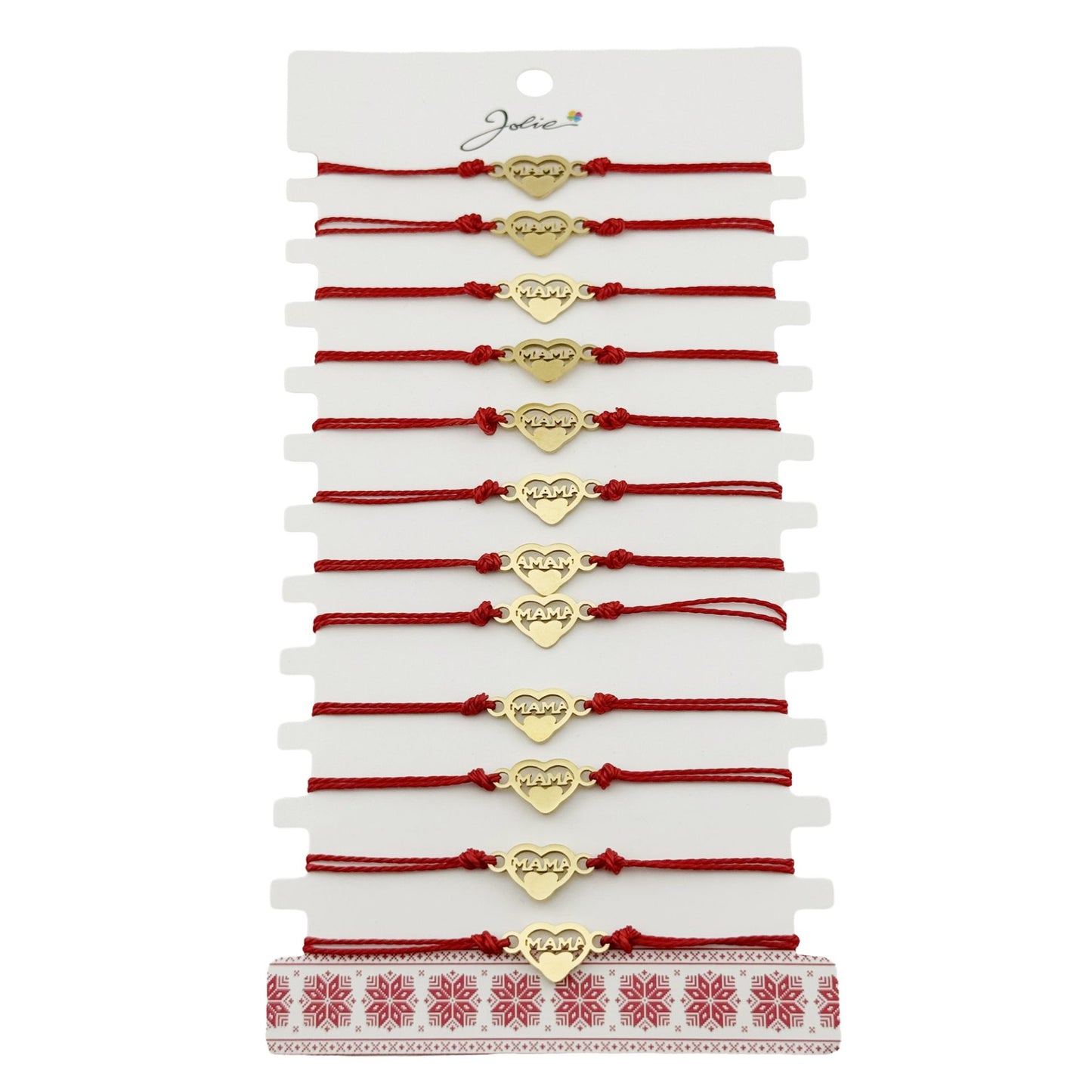 Bratara Martisor pentru Dama, Jolie, Model Inima Mama, Set 12 bucati, Pandativ din Inox Auriu, Snur Ajustabil Impletit, Rosu