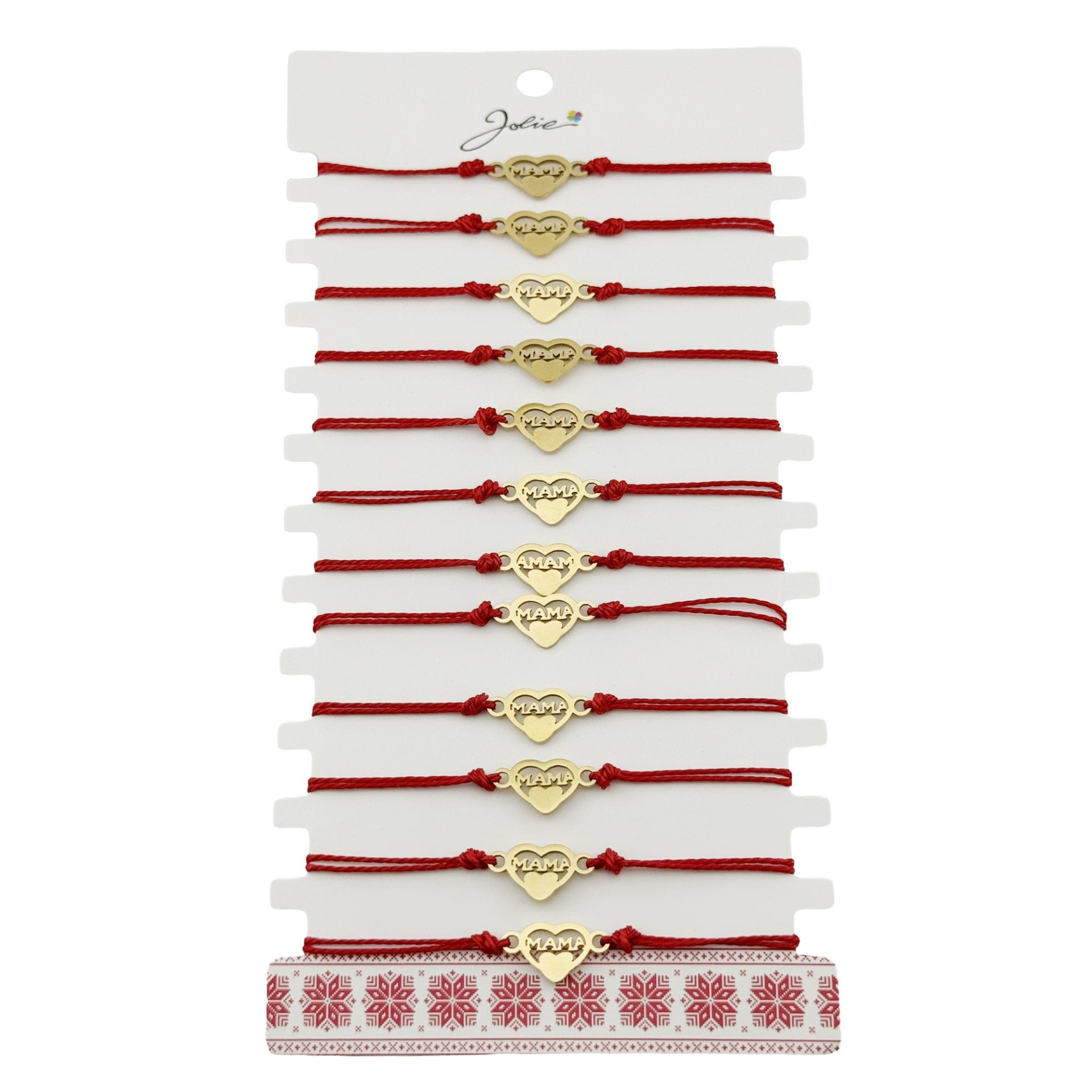 Bratara Martisor pentru Dama, Jolie, Model Inima Mama, Set 12 bucati, Pandativ din Inox Auriu, Snur Ajustabil Impletit, Rosu
