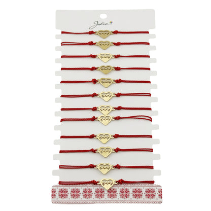 Bratara Martisor pentru Dama, Jolie, Model Inima Mama, Set 12 bucati, Pandativ din Inox Auriu, Snur Ajustabil Impletit, Rosu