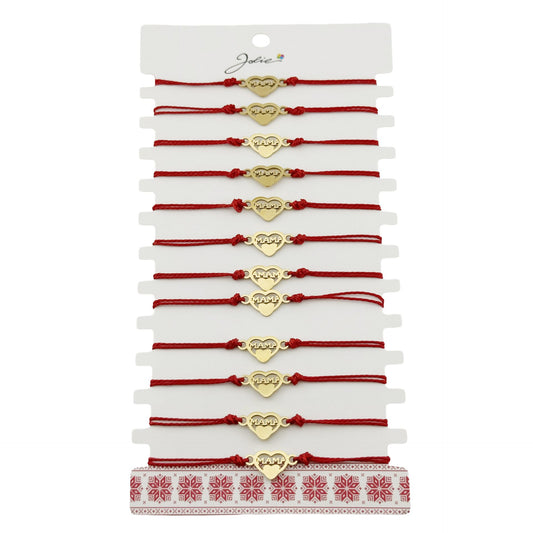 Bratara Martisor pentru Dama, Jolie, Model Inima Mama, Set 12 bucati, Pandativ din Inox Auriu, Snur Ajustabil Impletit, Rosu