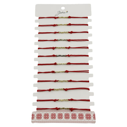 Bratara Martisor pentru Dama, Jolie, Model Mama, Set 12 bucati, Pandativ din Inox Auriu, Snur Ajustabil Impletit, Rosu