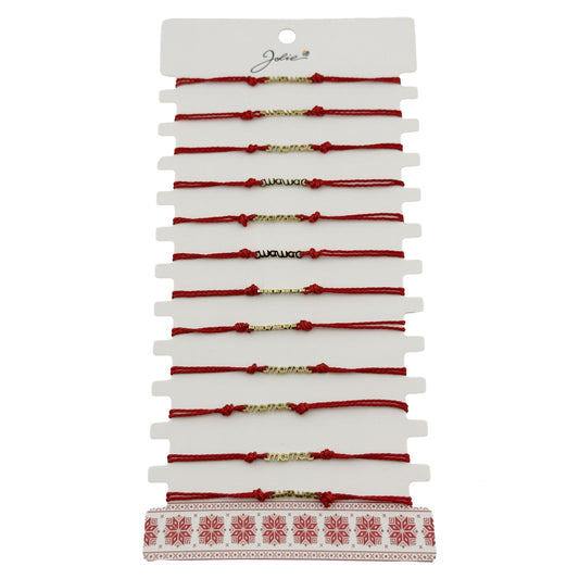 Bratara Martisor pentru Dama, Jolie, Model Mama, Set 12 bucati, Pandativ din Inox Auriu, Snur Ajustabil Impletit, Rosu
