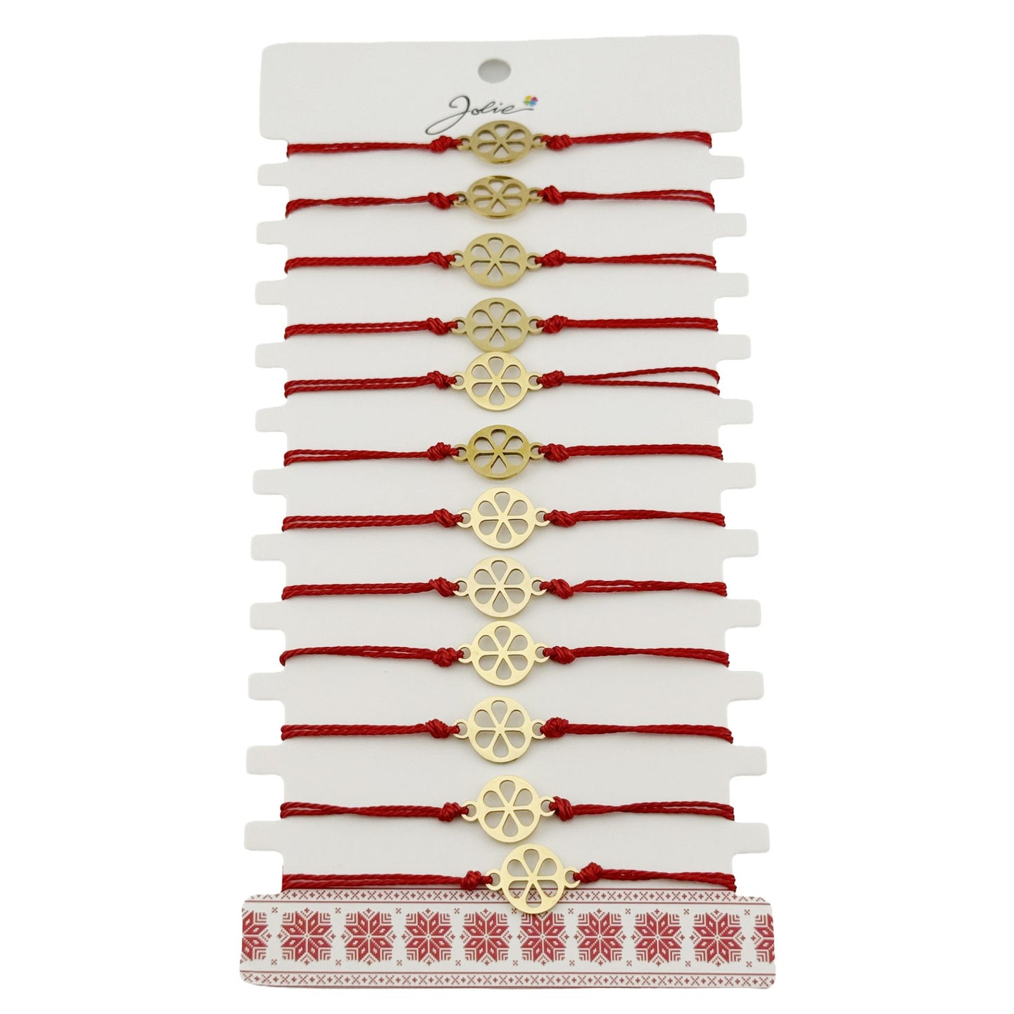 Bratara Martisor pentru Dama, Jolie, Model Floare, Set 12 bucati, Pandativ din Inox Auriu, Snur Ajustabil Impletit, Rosu