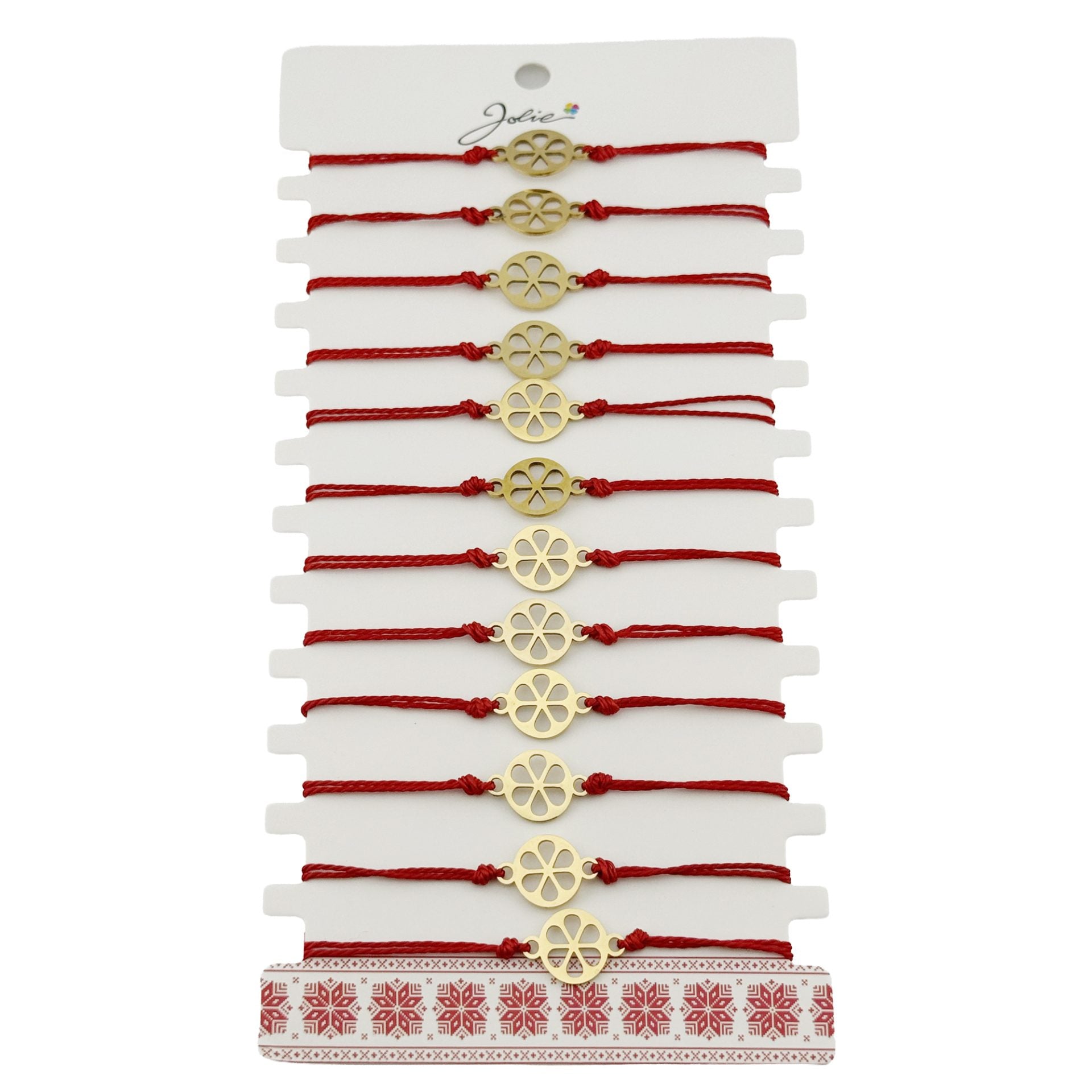 Bratara Martisor pentru Dama, Jolie, Model Floare, Set 12 bucati, Pandativ din Inox Auriu, Snur Ajustabil Impletit, Rosu