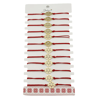Bratara Martisor pentru Dama, Jolie, Model Floare, Set 12 bucati, Pandativ din Inox Auriu, Snur Ajustabil Impletit, Rosu