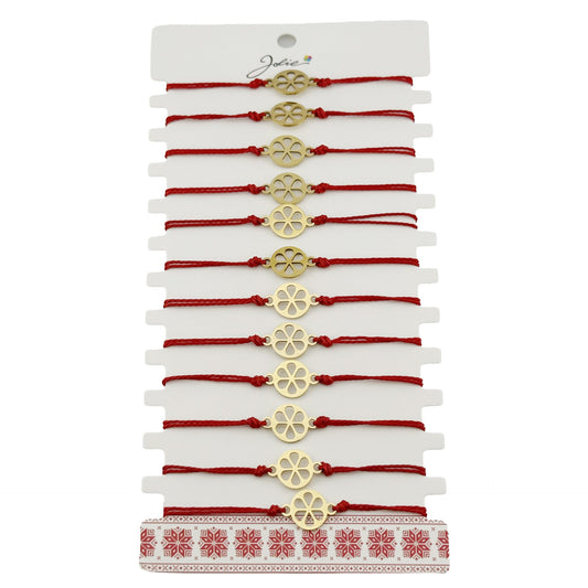 Bratara Martisor pentru Dama, Jolie, Model Floare, Set 12 bucati, Pandativ din Inox Auriu, Snur Ajustabil Impletit, Rosu