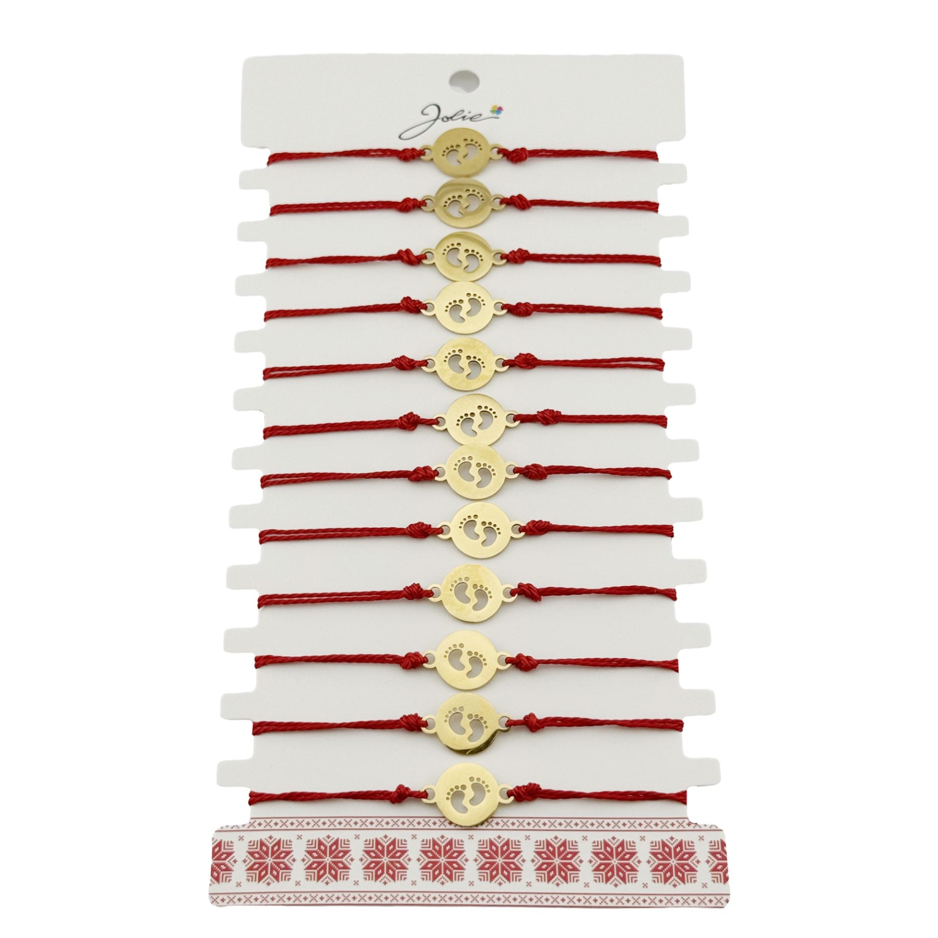 Bratara Martisor pentru Dama, Jolie, Model Picioruse, Set 12 bucati, Pandativ din Inox Auriu, Snur Ajustabil Impletit, Rosu