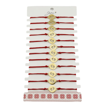 Bratara Martisor pentru Dama, Jolie, Model Picioruse, Set 12 bucati, Pandativ din Inox Auriu, Snur Ajustabil Impletit, Rosu