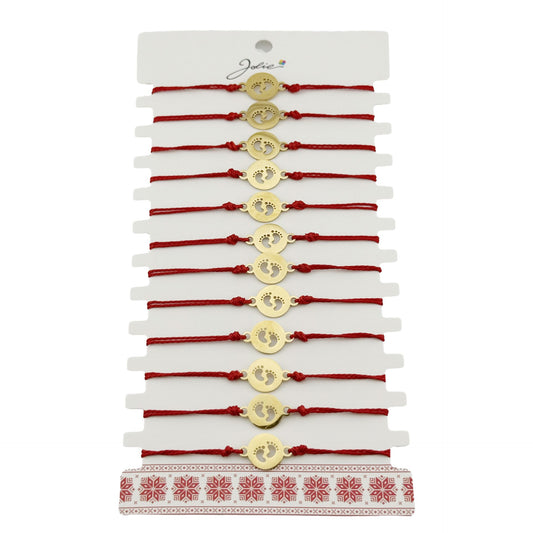 Bratara Martisor pentru Dama, Jolie, Model Picioruse, Set 12 bucati, Pandativ din Inox Auriu, Snur Ajustabil Impletit, Rosu