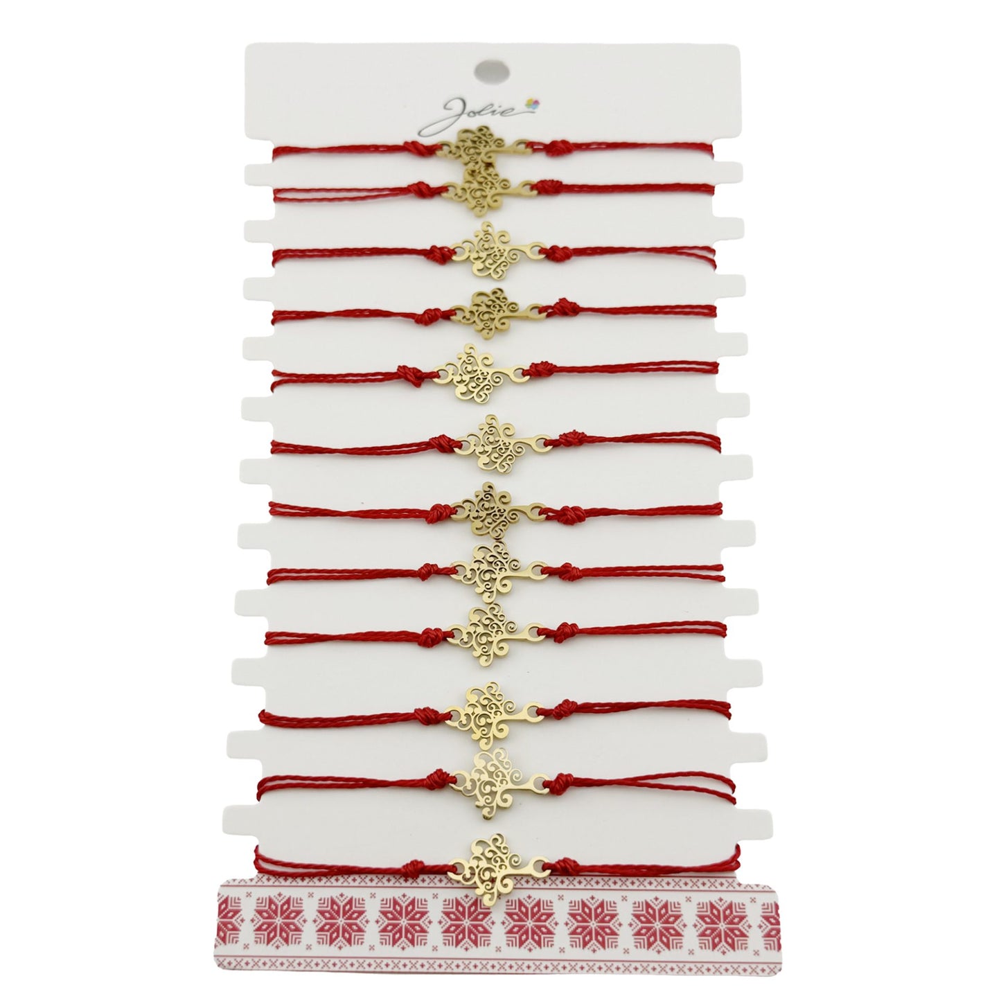 Bratara Martisor pentru Dama, Jolie, Model Copac, Set 12 bucati, Pandativ din Inox Auriu, Snur Ajustabil Impletit, Rosu