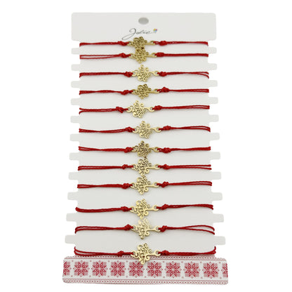 Bratara Martisor pentru Dama, Jolie, Model Copac, Set 12 bucati, Pandativ din Inox Auriu, Snur Ajustabil Impletit, Rosu