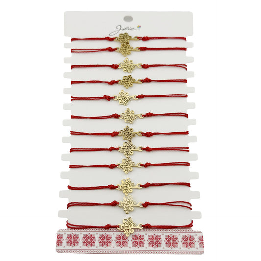 Bratara Martisor pentru Dama, Jolie, Model Copac, Set 12 bucati, Pandativ din Inox Auriu, Snur Ajustabil Impletit, Rosu