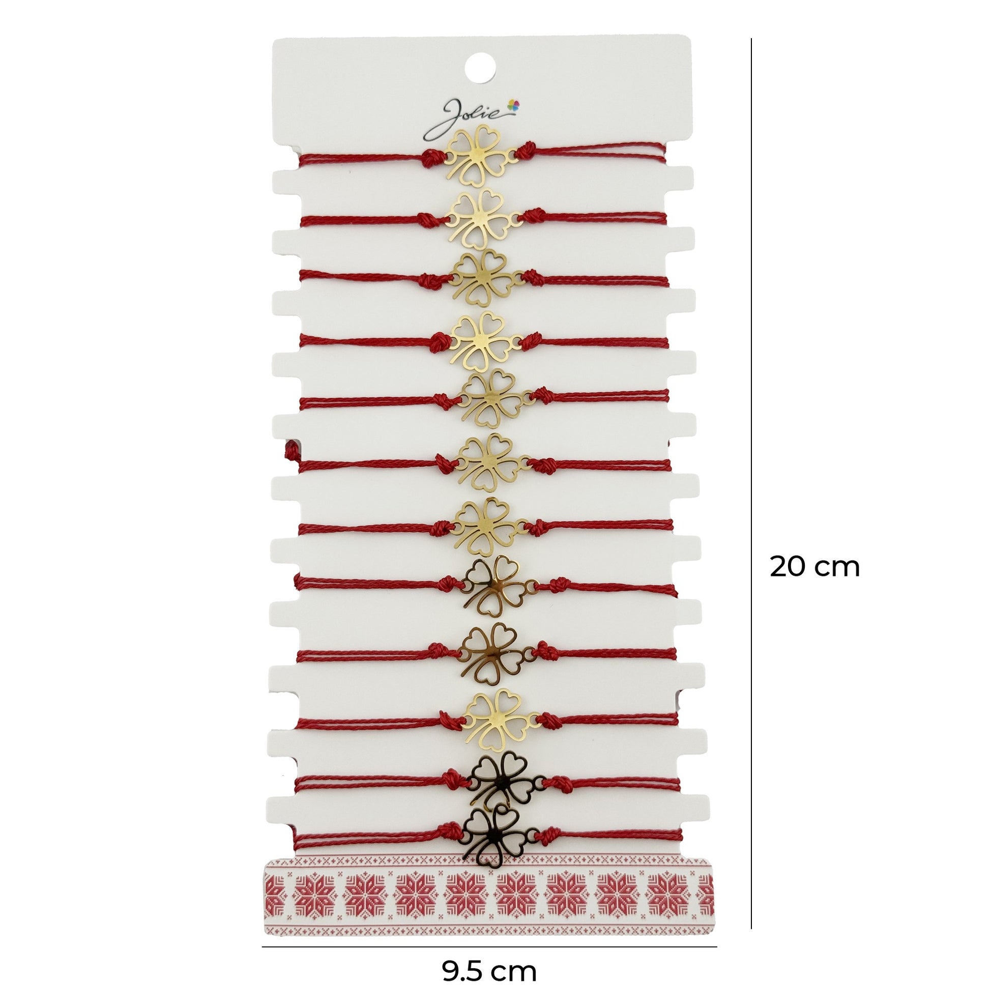 Bratara Martisor pentru Dama, Jolie, Model Trifoi in Contur, Set 12 bucati, Pandativ Auriu din Inox cu Snur Rosu Ajustabil
