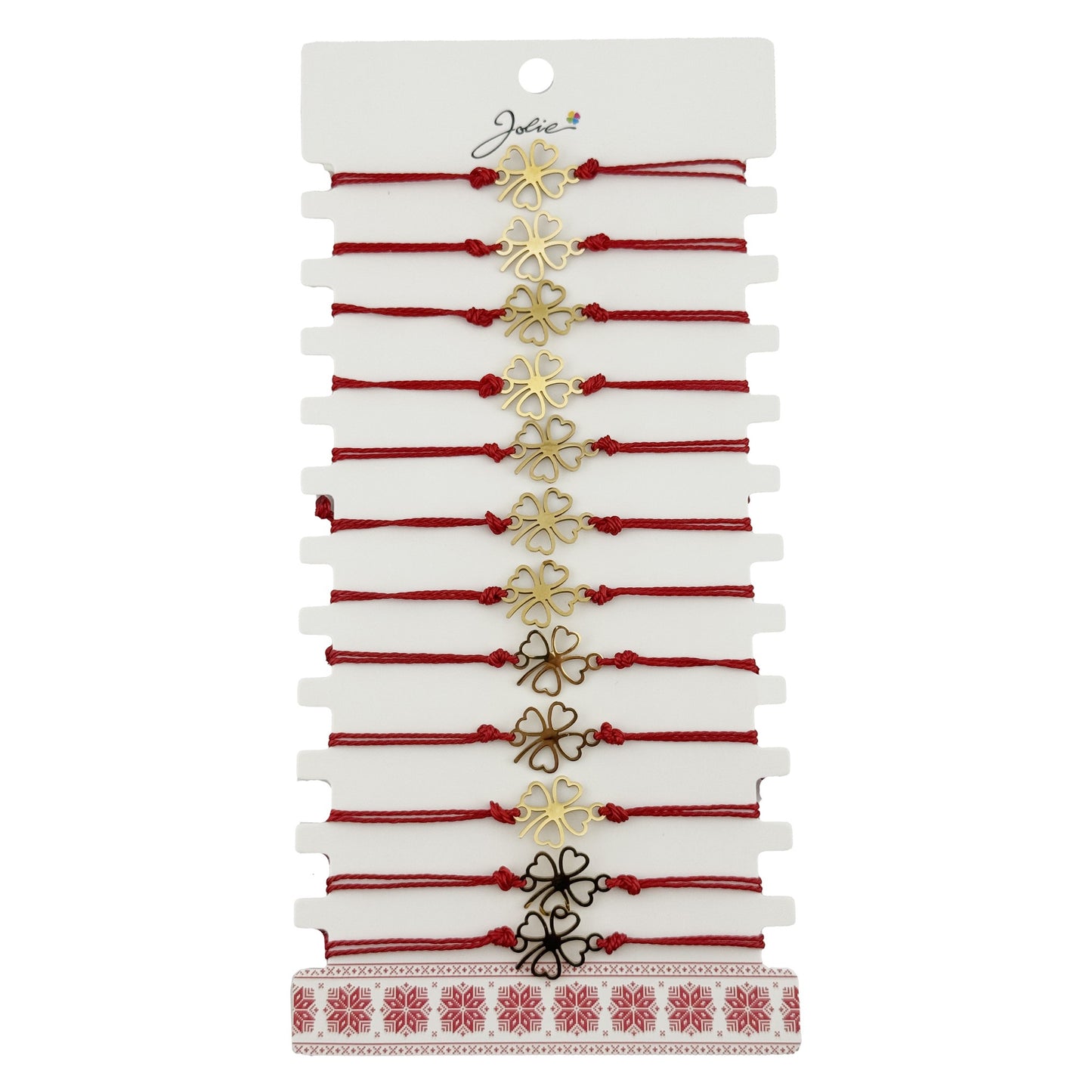 Bratara Martisor pentru Dama, Jolie, Model Trifoi in Contur, Set 12 bucati, Pandativ Auriu din Inox cu Snur Rosu Ajustabil