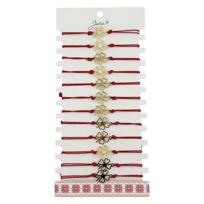 Bratara Martisor pentru Dama, Jolie, Model Trifoi in Contur, Set 12 bucati, Pandativ Auriu din Inox cu Snur Rosu Ajustabil