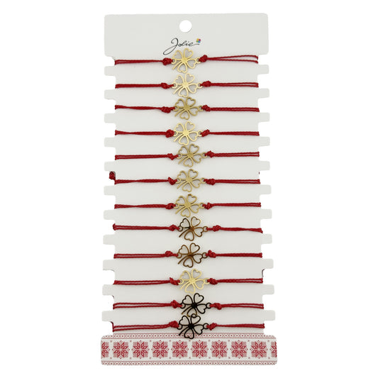 Bratara Martisor pentru Dama, Jolie, Model Trifoi in Contur, Set 12 bucati, Pandativ Auriu din Inox cu Snur Rosu Ajustabil