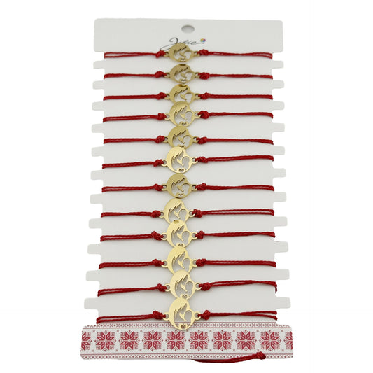 Bratara Martisor pentru Dama, Jolie, Model Mama cu Copil, Set 12 bucati, Pandativ din Inox Auriu, Snur Ajustabil Impletit, Rosu