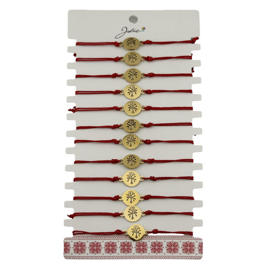 Bratara Martisor pentru Dama, Jolie, Model Copac, Set 12 bucati, Pandativ din Inox Auriu, Snur Ajustabil Impletit, Rosu