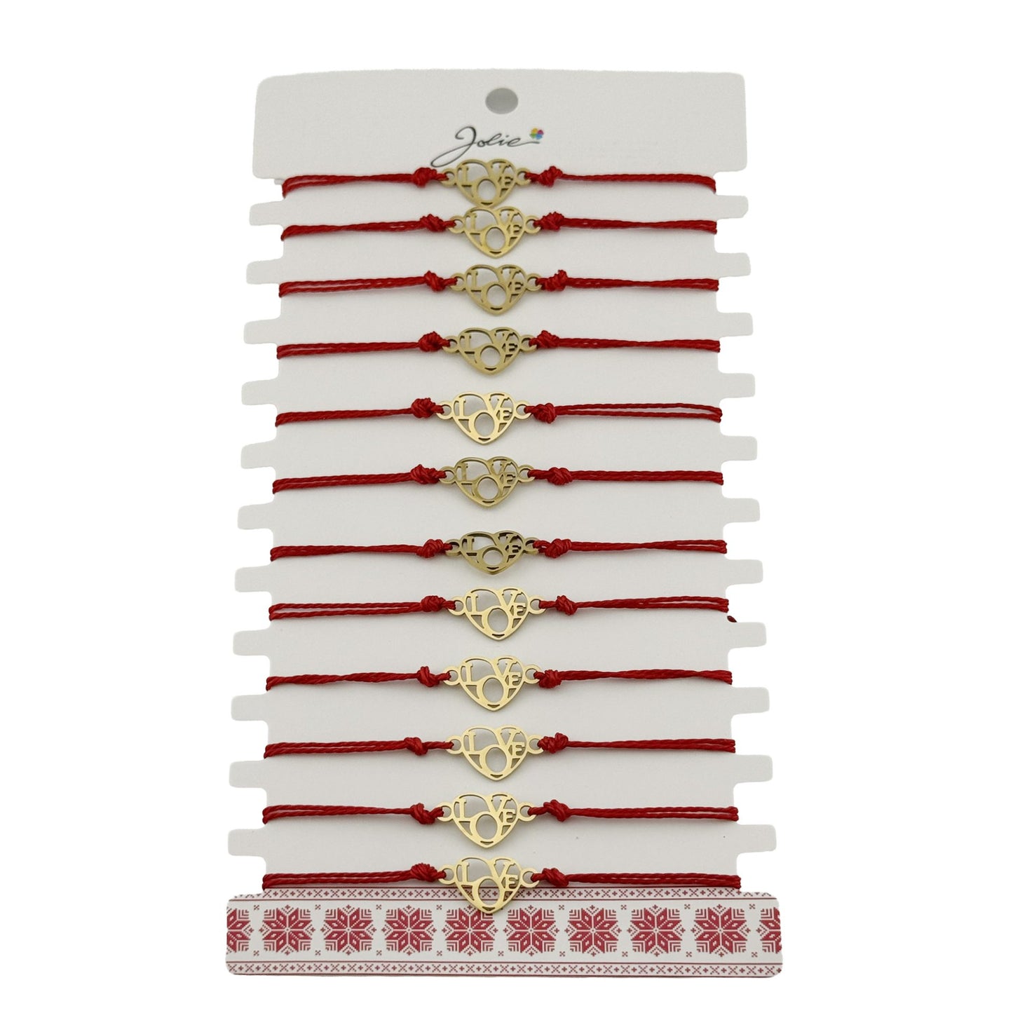 Bratara Martisor pentru Dama, Jolie, Model Love, Set 12 bucati, Pandativ din Inox Auriu, Snur Ajustabil Impletit, Rosu