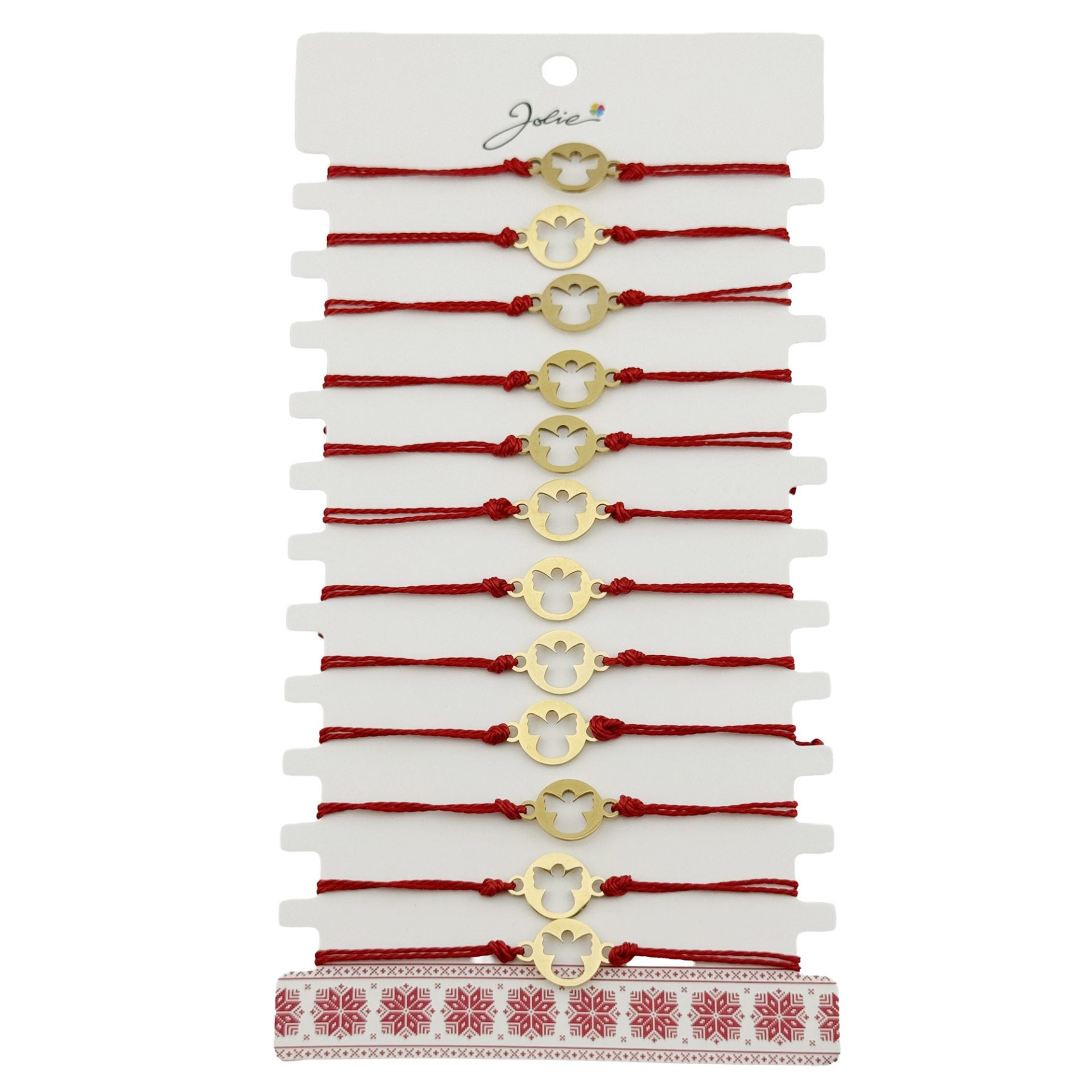 Bratara Martisor pentru Dama, Jolie, Model Inger, Set 12 bucati, Pandativ din Inox Auriu, Snur Ajustabil Impletit, Rosu