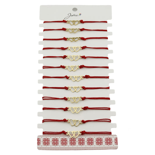 Bratara Martisor pentru Dama, Jolie, Model Inima, Set 12 bucati, Pandativ din Inox Auriu, Snur Ajustabil Impletit, Rosu