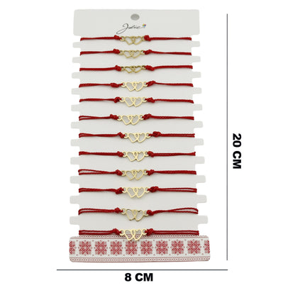 Bratara Martisor pentru Dama, Jolie, Model Inima, Set 12 bucati, Pandativ din Inox Auriu, Snur Ajustabil Impletit, Rosu