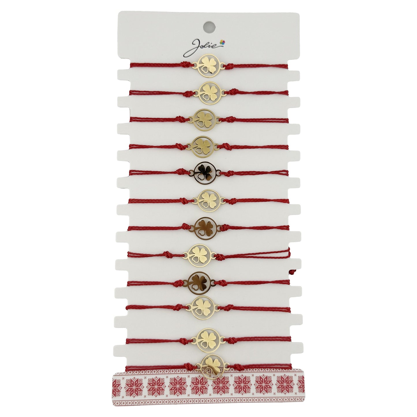 Bratara Martisor pentru Dama, Jolie, Model Trifoi cu Inima pe Petala, Set 12 bucati, Pandativ Auriu din Inox cu Snur Rosu Ajustabil