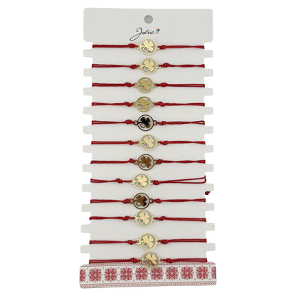 Bratara Martisor pentru Dama, Jolie, Model Trifoi cu Inima pe Petala, Set 12 bucati, Pandativ Auriu din Inox cu Snur Rosu Ajustabil