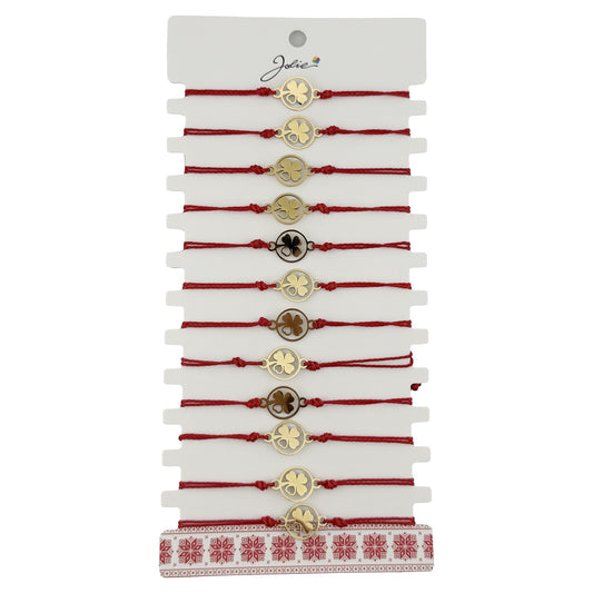 Bratara Martisor pentru Dama, Jolie, Model Trifoi cu Inima pe Petala, Set 12 bucati, Pandativ Auriu din Inox cu Snur Rosu Ajustabil