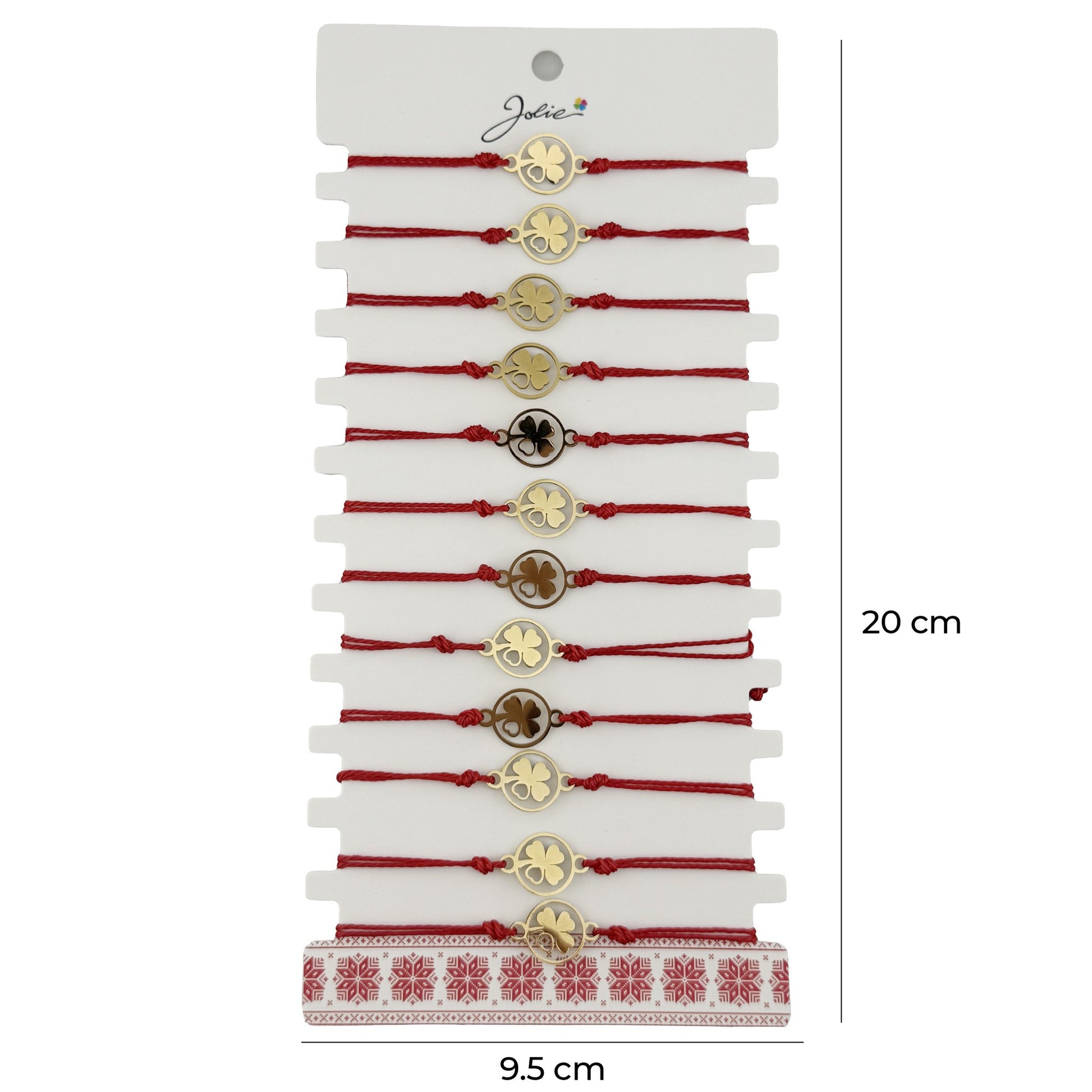 Bratara Martisor pentru Dama, Jolie, Model Trifoi cu Inima pe Petala, Set 12 bucati, Pandativ Auriu din Inox cu Snur Rosu Ajustabil