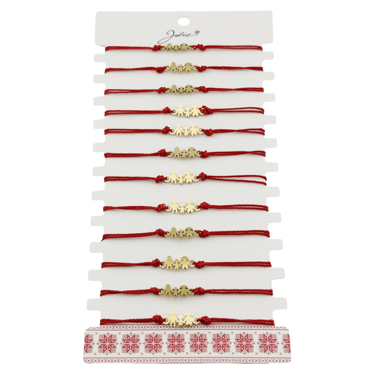 Bratara Martisor pentru Dama, Jolie, Model Familie, Set 12 bucati, Pandativ din Inox Auriu, Snur Ajustabil Impletit, Rosu