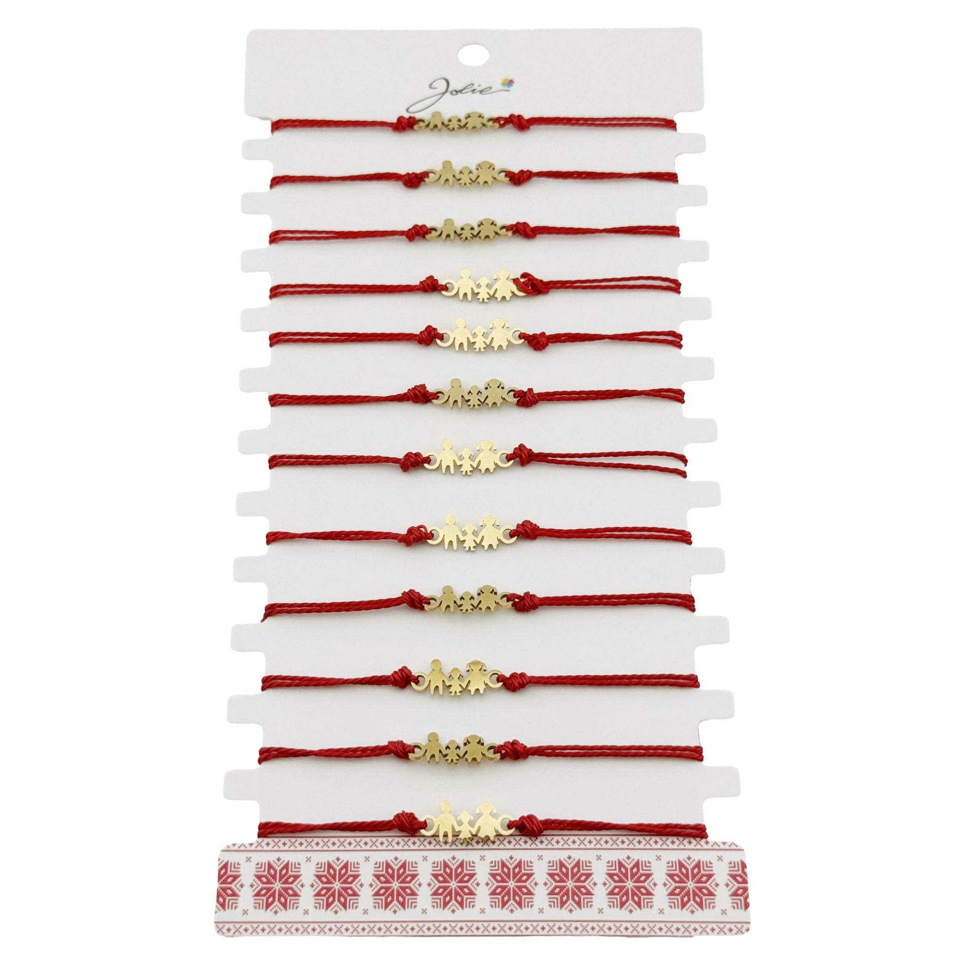 Bratara Martisor pentru Dama, Jolie, Model Familie, Set 12 bucati, Pandativ din Inox Auriu, Snur Ajustabil Impletit, Rosu