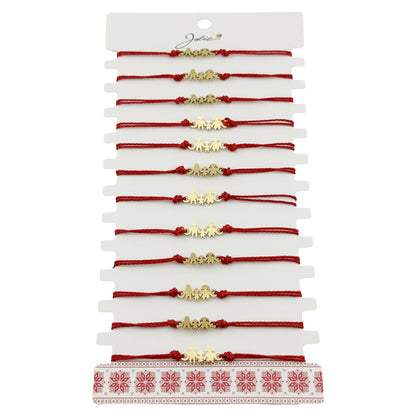 Bratara Martisor pentru Dama, Jolie, Model Familie, Set 12 bucati, Pandativ din Inox Auriu, Snur Ajustabil Impletit, Rosu