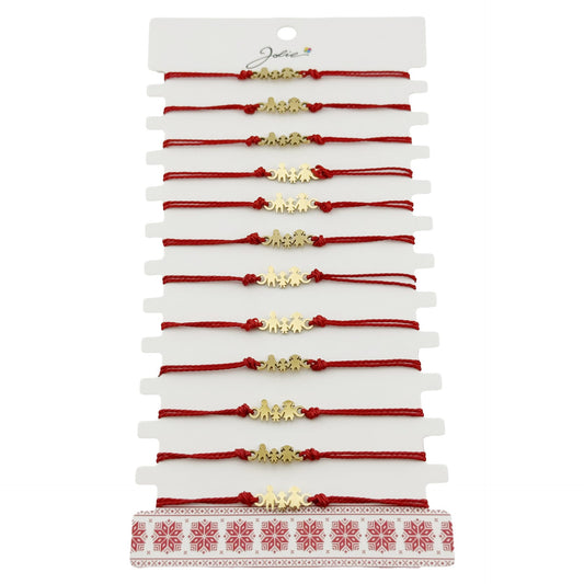 Bratara Martisor pentru Dama, Jolie, Model Familie, Set 12 bucati, Pandativ din Inox Auriu, Snur Ajustabil Impletit, Rosu