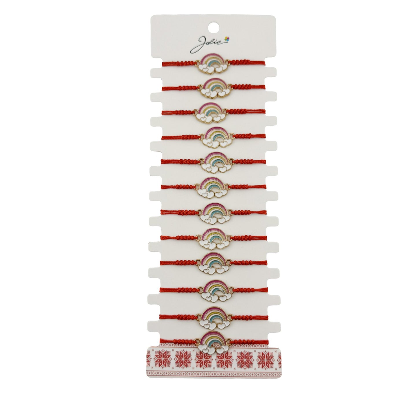 Bratara Martisor pentru Dama, Jolie, Model Curcubeu cu  Inimi, Set 12 bucati, Pandativ din Inox Auriu, Snur Ajustabil Impletit, Rosu