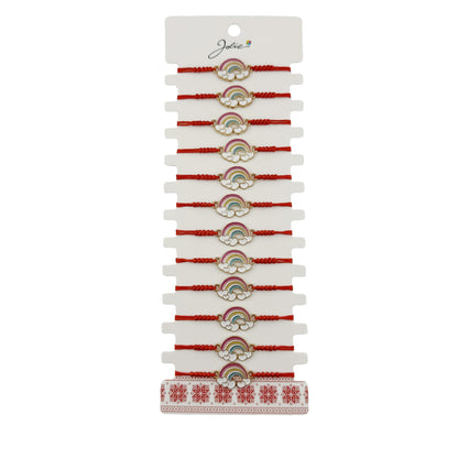 Bratara Martisor pentru Dama, Jolie, Model Curcubeu cu  Inimi, Set 12 bucati, Pandativ din Inox Auriu, Snur Ajustabil Impletit, Rosu