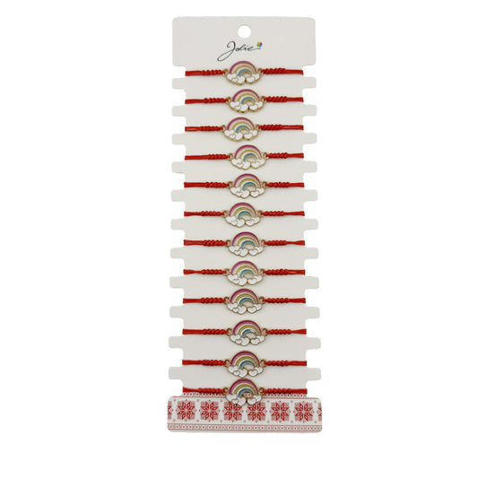 Bratara Martisor pentru Dama, Jolie, Model Curcubeu cu  Inimi, Set 12 bucati, Pandativ din Inox Auriu, Snur Ajustabil Impletit, Rosu