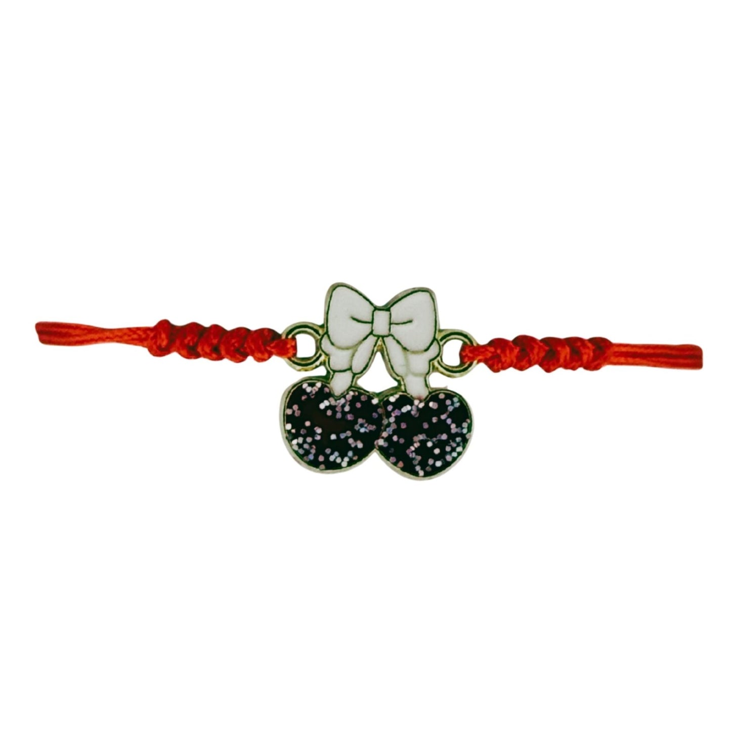 Martisor Bratara pentru Dama si Copii, Jolie, Model Cirese cu Fundita si Sclipici, Set 12 bucati, Pandantiv Emailat, Snur Reglabil, Rosu/Alb