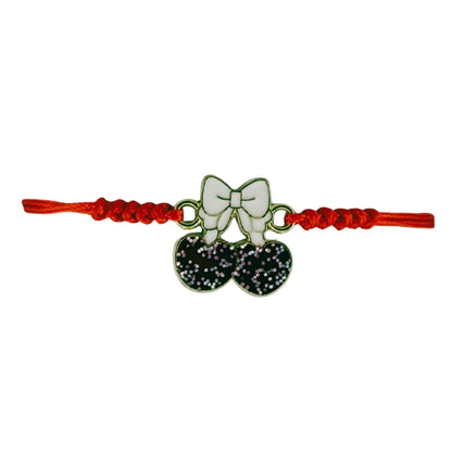 Martisor Bratara pentru Dama si Copii, Jolie, Model Cirese cu Fundita si Sclipici, Set 12 bucati, Pandantiv Emailat, Snur Reglabil, Rosu/Alb