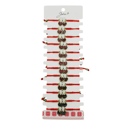 Martisor Bratara pentru Dama si Copii, Jolie, Model Cirese cu Fundita si Sclipici, Set 12 bucati, Pandantiv Emailat, Snur Reglabil, Rosu/Alb