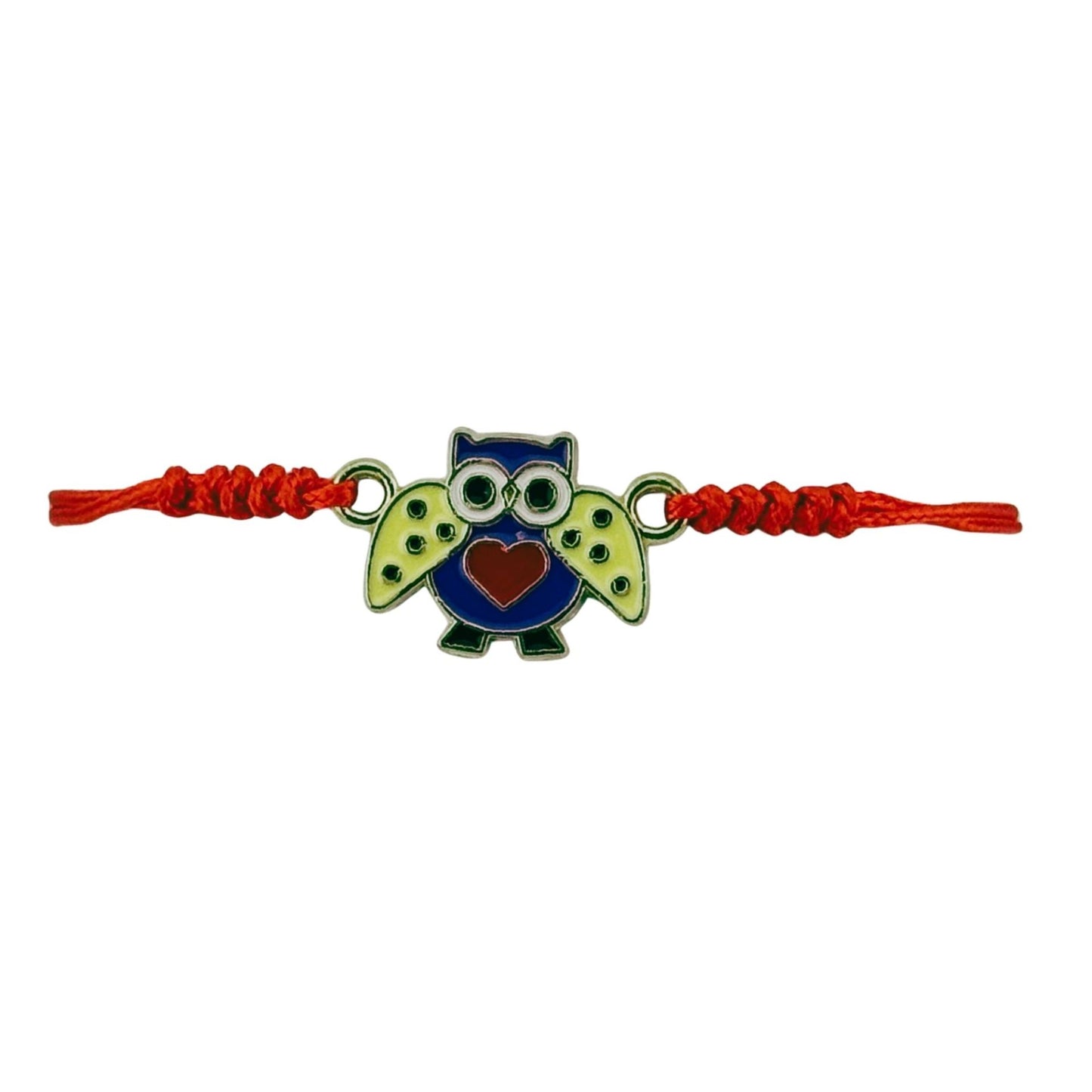 Martisor Bratara pentru Dama si Copii, Jolie, Model Bufnita Inteleapta cu Inimioara, Set 12 bucati, Pandantiv Emailat, Snur Reglabil, Rosu/Multicolor