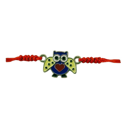 Martisor Bratara pentru Dama si Copii, Jolie, Model Bufnita Inteleapta cu Inimioara, Set 12 bucati, Pandantiv Emailat, Snur Reglabil, Rosu/Multicolor
