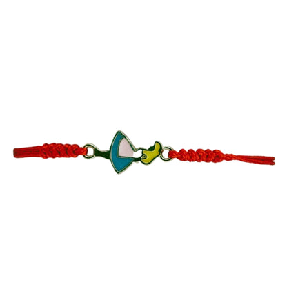 Martisor Bratara pentru Dama si Copii, Jolie, Model Fetita cu Pasare, Set 12 bucati, Pandantiv Emailat, Snur Reglabil, Rosu/Multicolor