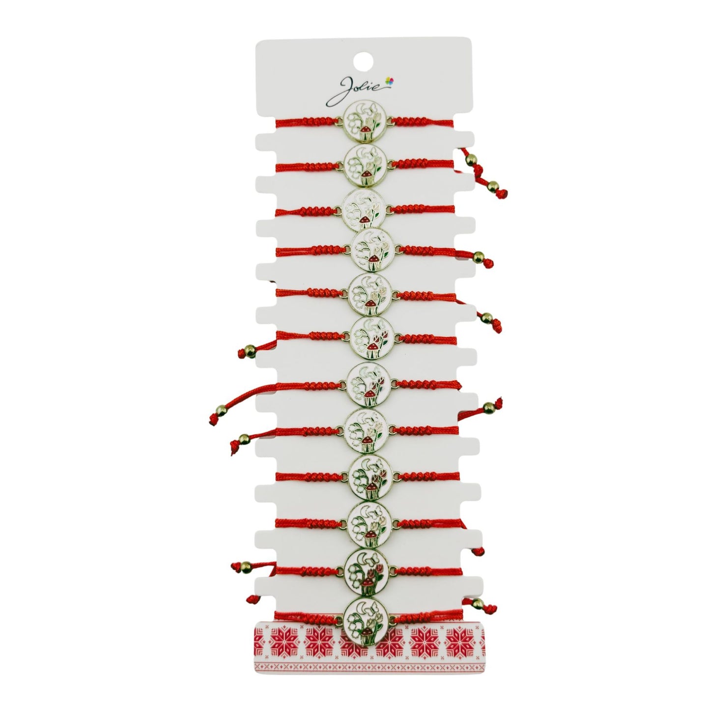 Martisor Bratara pentru Dama si Copii, Jolie, Model Gradina Magica cu Lacramioare si Fluture, Set 12 bucati, Pandantiv Emailat, Snur Reglabil, Rosu/Alb