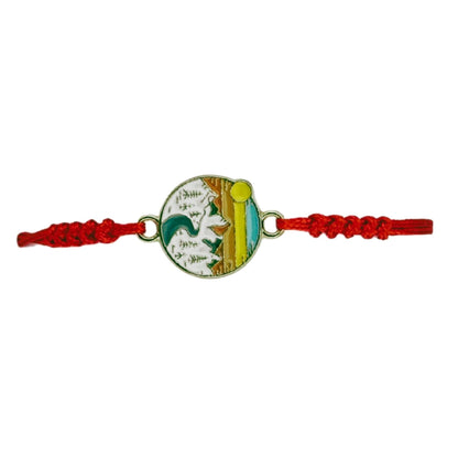 Martisor Bratara pentru Dama si Copii, Jolie, Model Peisaj Natura si Munte, Set 12 bucati, Pandantiv Emailat Rotund, Snur Reglabil, Rosu