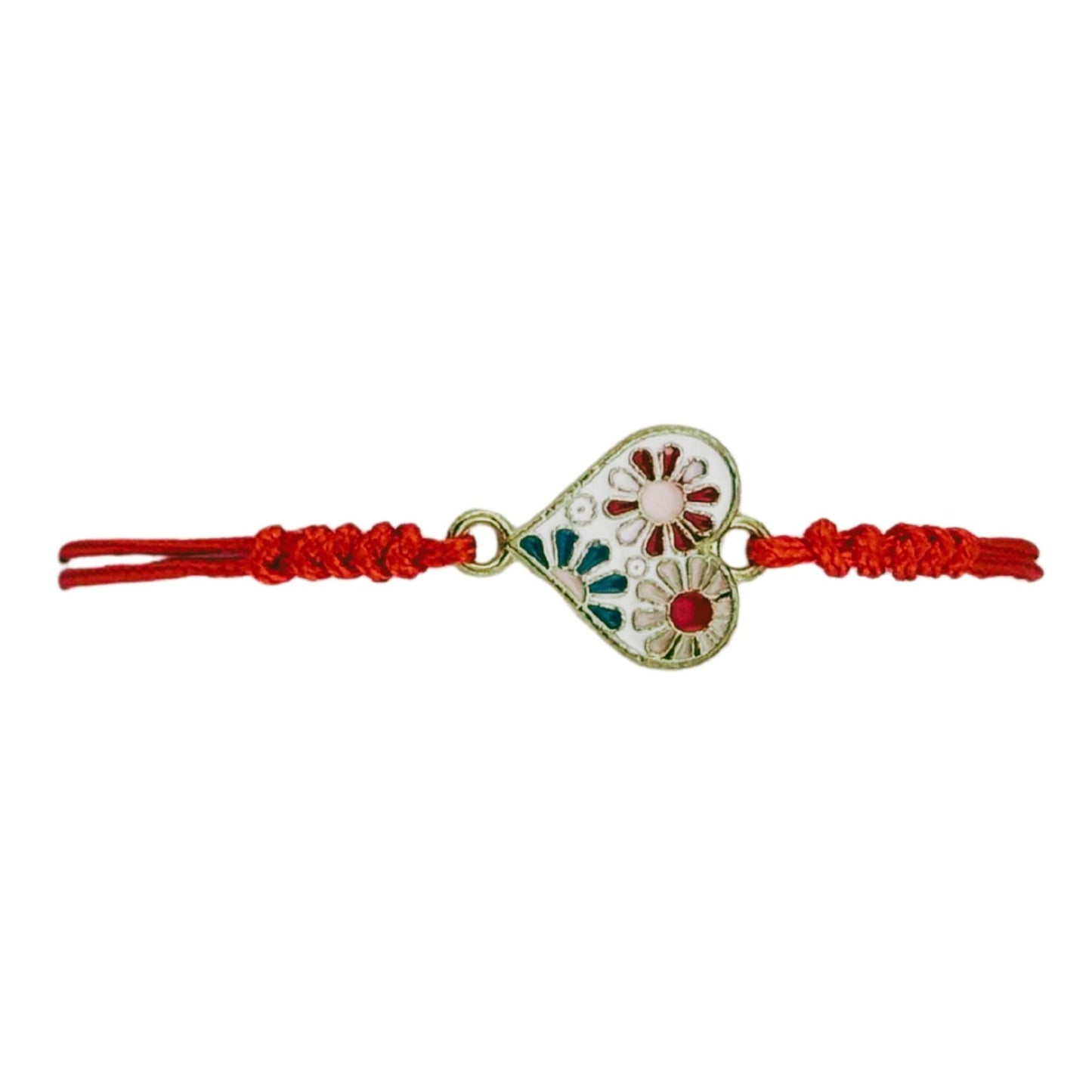 Martisor Bratara pentru Dama si Copii, Jolie, Model Inima cu Flori de Primavara, Set 12 bucati, Pandantiv Emailat, Snur Reglabil, Rosu/Multicolor